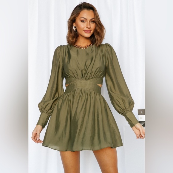 NWT Hello Molly Olive Green Long Sleeve Mini Claudia Dress S - Picture 5 of 9